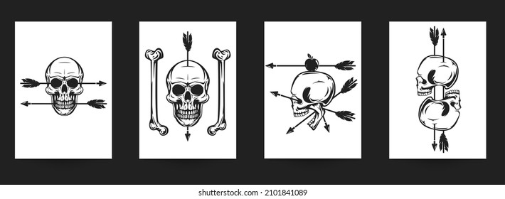 Set of hand drawn art composition with skulls in monochrome vintage style isolated on white background. Collection templates for banner, poster, tattoo. Modern design elements. Vector illustration.