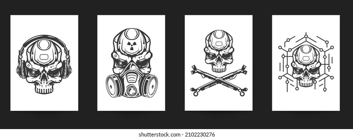 Set of hand drawn art composition with skulls in monochrome vintage style isolated on white background. Collection templates for banner, poster, tattoo. Modern design elements. Vector illustration.