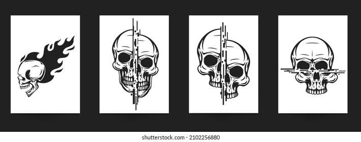 Set of hand drawn art composition with skulls in monochrome vintage style isolated on white background. Collection templates for banner, poster, tattoo. Modern design elements. Vector illustration.