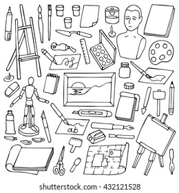Set with hand drawn art objects and elements on white background