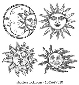 Set of hand drawn art sun and crescent moon with human face. Flash tattoo design. Antique style design, isolated on white background. Vector 