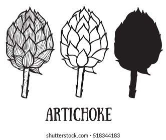 Set of hand drawn artichoke. Fresh organic food. Vector illustration with sketch vegetable. Black and white.