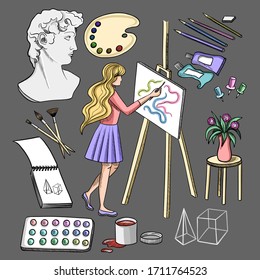 
Set of hand drawn artist on a dark background. Draw at home, be safe. Girl with an easel. Paints, palette, canvas, pencils, still life, brushes. Vector stock illustration.