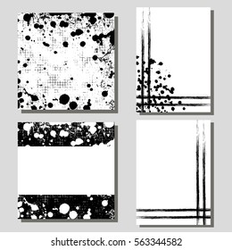 Set of hand drawn artistic cards. Vector black and white backgrounds for cover. Grunge drawn template with splash, spray, blots, spatter, stain, attrition, cracks Graphic illustration. A4 format size