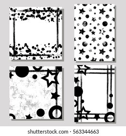Set of hand drawn artistic cards. Vector black and white geometrical backgrounds for cover. Grunge drawn template with splash, blots, spatter, attrition, cracks. Graphic illustration. A4 format size.