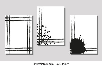 Set of hand drawn artistic cards. Vector black and white backgrounds for cover. Grunge drawn template with splash, spray, blots, spatter, stain, attrition, cracks Graphic illustration. A4 format size