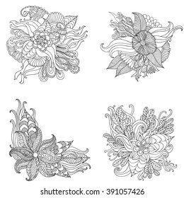 Set of Hand drawn artistic ethnic ornamental patterned floral frame in doodle, zentangle style for adult coloring pages, tattoo, t-shirt or prints. Vector spring illustration.