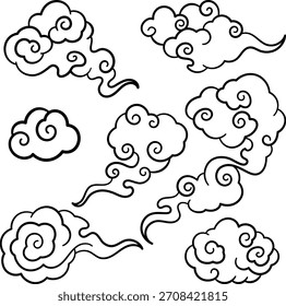 Set handgezeichneter asiatischer Wolkengliederelemente. Traditionelle japanische und chinesische Wolken Linie Art Icon Collection.