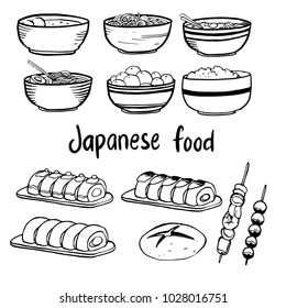 Set of hand drawn Asian food isolated on white background. Vector illustration
