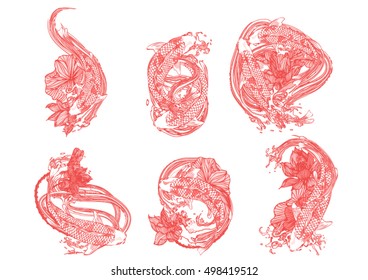 Set hand drawn Asian spiritual symbols - gold koi carp with lotus and waves on a black background. It can be used for tattoo and embossing or coloring.
