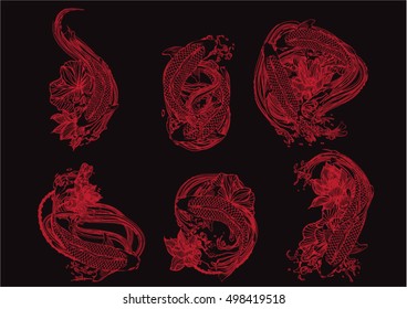 Set hand drawn Asian spiritual symbols - gold koi carp with lotus and waves on a black background. It can be used for tattoo and embossing or coloring.