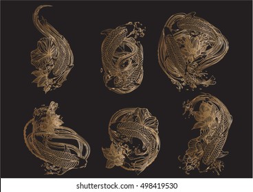 Set hand drawn Asian spiritual symbols - gold koi carp with lotus and waves on a black background. It can be used for tattoo and embossing or coloring.