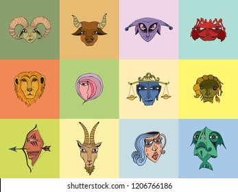 Set of hand drawn astrological zodiac symbols, horoscope signs. Lion and cancer, fish and pisces, scorpio and aquarius, aries and virgo and gemini. Doodle vector illustration in cartoon fantasy style