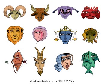 Set of hand drawn astrological zodiac symbols, horoscope signs. Lion and cancer, fish and pisces, scorpio and aquarius, aries and virgo and gemini. Doodle vector illustration in cartoon fantasy style