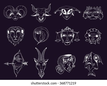 Set of hand drawn astrological zodiac symbols, horoscope signs. Lion and cancer, fish and pisces, scorpio and aquarius, aries and virgo and gemini. Doodle vector illustration in cartoon fantasy style
