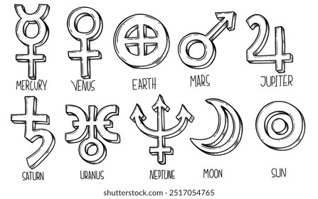 Set of hand drawn astrology and astronomy planet symbols. Flash Tattoo mystic planet symbol, isolated on white background. Scribble alchemy icons, glyphs of planets.