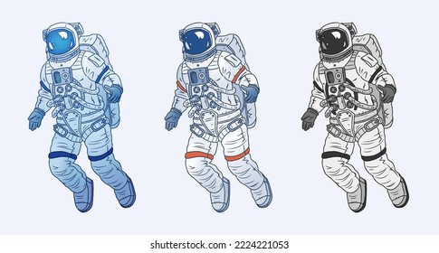 Set of hand drawn astronaut isolated on background. Vector illustration