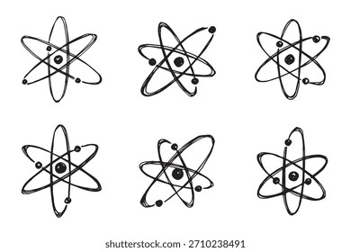 Set handgezeichnetes Atomzeichen Molekül-Clipart im Doodle-Stil Symbol für Wissenschaft, Bildung, Kernenergie, wissenschaftliche Forschung, molekulare Chemie Einzelelement für Druck, Web, Design