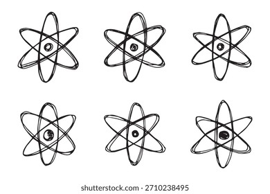 Set handgezeichnetes Atomzeichen Molekül-Clipart im Doodle-Stil Symbol für Wissenschaft, Bildung, Kernenergie, wissenschaftliche Forschung, molekulare Chemie Einzelelement für Druck, Web, Design