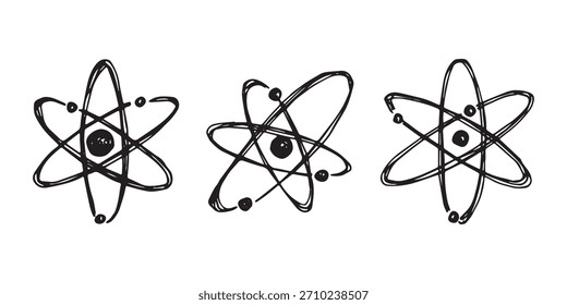 Conjunto de mão desenhado sinal de átomo Molécula clipart em estilo doodle Símbolo de ciência, educação, energia nuclear, pesquisa científica, química molecular Elemento único para impressão, web, design