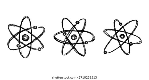 Set of hand drawn atom sign Molecule clipart in doodle style Symbol of science, education, nuclear energy, scientific research, molecular chemistry Single element for print, web, design
