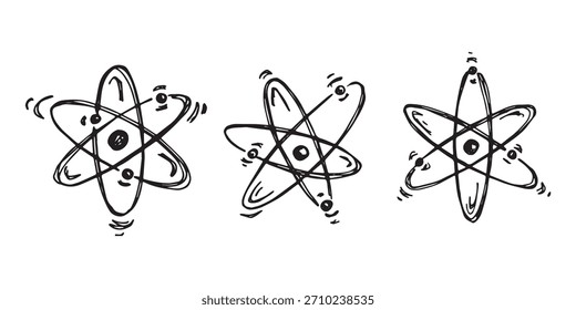 Conjunto de mão desenhado sinal de átomo Molécula clipart em estilo doodle Símbolo de ciência, educação, energia nuclear, pesquisa científica, química molecular Elemento único para impressão, web, design