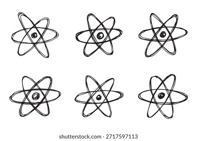 Conjunto de signo de átomo dibujado a mano Molécula Clipart en estilo doodle Símbolo de la ciencia, educación, energía nuclear, investigación científica, química molecular Elemento único para imprimir, Web, diseño