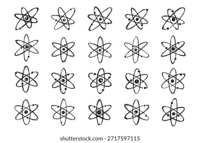 Set of hand drawn atom sign Molecule clipart in doodle style Symbol of science, education, nuclear energy, scientific research, molecular chemistry Single element for print, web, design