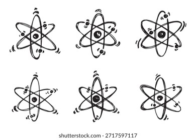 Set of hand drawn atom sign Molecule clipart in doodle style Symbol of science, education, nuclear energy, scientific research, molecular chemistry Single element for print, web, design