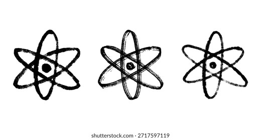 Set of hand drawn atom sign Molecule clipart in doodle style Symbol of science, education, nuclear energy, scientific research, molecular chemistry Single element for print, web, design