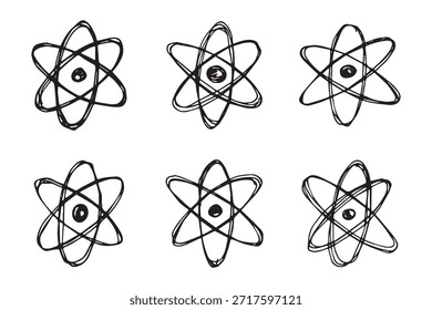 Set handgezeichnetes Atomzeichen Molekül-Clipart im Doodle-Stil Symbol für Wissenschaft, Bildung, Kernenergie, wissenschaftliche Forschung, molekulare Chemie Einzelelement für Druck, Web, Design