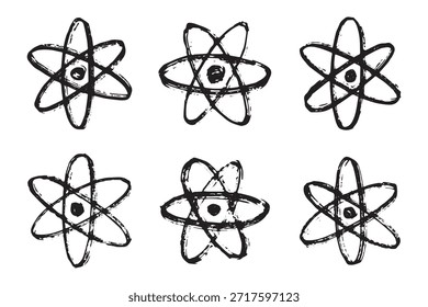 Set of hand drawn atom sign Molecule clipart in doodle style Symbol of science, education, nuclear energy, scientific research, molecular chemistry Single element for print, web, design