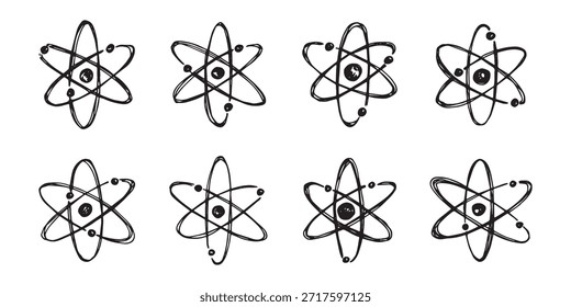 Conjunto de mão desenhado sinal de átomo Molécula clipart em estilo doodle Símbolo de ciência, educação, energia nuclear, pesquisa científica, química molecular Elemento único para impressão, web, design