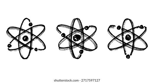 Conjunto de signo de átomo dibujado a mano Molécula Clipart en estilo doodle Símbolo de la ciencia, educación, energía nuclear, investigación científica, química molecular Elemento único para imprimir, Web, diseño