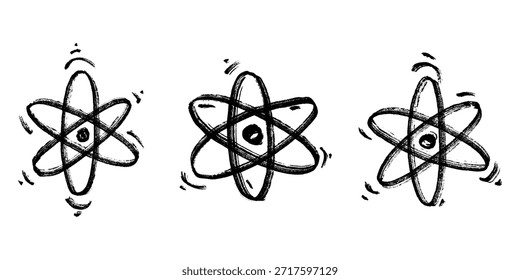 Set of hand drawn atom sign Molecule clipart in doodle style Symbol of science, education, nuclear energy, scientific research, molecular chemistry Single element for print, web, design