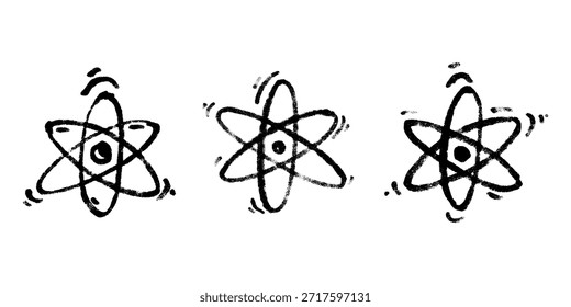 Set of hand drawn atom sign Molecule clipart in doodle style Symbol of science, education, nuclear energy, scientific research, molecular chemistry Single element for print, web, design
