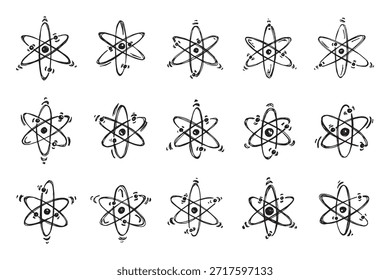 Conjunto de signo de átomo dibujado a mano Molécula Clipart en estilo doodle Símbolo de la ciencia, educación, energía nuclear, investigación científica, química molecular Elemento único para imprimir, Web, diseño