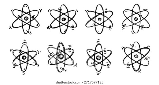 Conjunto de mão desenhado sinal de átomo Molécula clipart em estilo doodle Símbolo de ciência, educação, energia nuclear, pesquisa científica, química molecular Elemento único para impressão, web, design