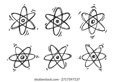 Set of hand drawn atom sign Molecule clipart in doodle style Symbol of science, education, nuclear energy, scientific research, molecular chemistry Single element for print, web, design