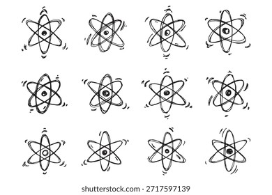 Set of hand drawn atom sign Molecule clipart in doodle style Symbol of science, education, nuclear energy, scientific research, molecular chemistry Single element for print, web, design