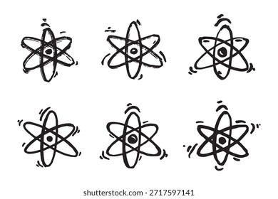Set of hand drawn atom sign Molecule clipart in doodle style Symbol of science, education, nuclear energy, scientific research, molecular chemistry Single element for print, web, design