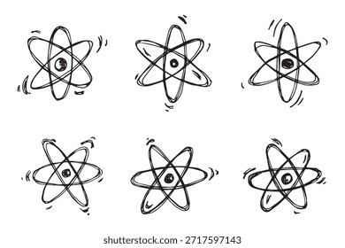 Conjunto de mão desenhado sinal de átomo Molécula clipart em estilo doodle Símbolo de ciência, educação, energia nuclear, pesquisa científica, química molecular Elemento único para impressão, web, design