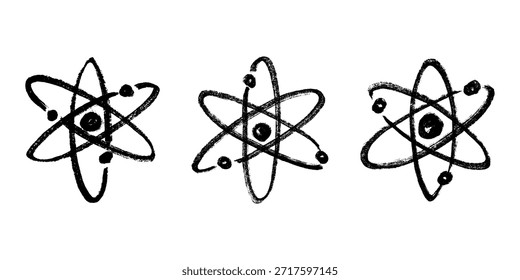 Conjunto de mão desenhado sinal de átomo Molécula clipart em estilo doodle Símbolo de ciência, educação, energia nuclear, pesquisa científica, química molecular Elemento único para impressão, web, design
