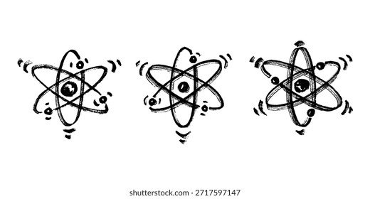 Set of hand drawn atom sign Molecule clipart in doodle style Symbol of science, education, nuclear energy, scientific research, molecular chemistry Single element for print, web, design