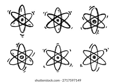 Conjunto de mão desenhado sinal de átomo Molécula clipart em estilo doodle Símbolo de ciência, educação, energia nuclear, pesquisa científica, química molecular Elemento único para impressão, web, design
