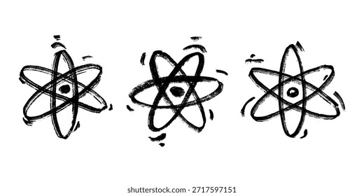 Conjunto de signo de átomo dibujado a mano Molécula Clipart en estilo doodle Símbolo de la ciencia, educación, energía nuclear, investigación científica, química molecular Elemento único para imprimir, Web, diseño