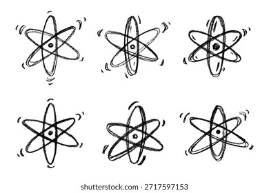 Conjunto de signo de átomo dibujado a mano Molécula Clipart en estilo doodle Símbolo de la ciencia, educación, energía nuclear, investigación científica, química molecular Elemento único para imprimir, Web, diseño
