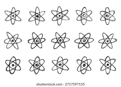 Set handgezeichnetes Atomzeichen Molekül-Clipart im Doodle-Stil Symbol für Wissenschaft, Bildung, Kernenergie, wissenschaftliche Forschung, molekulare Chemie Einzelelement für Druck, Web, Design