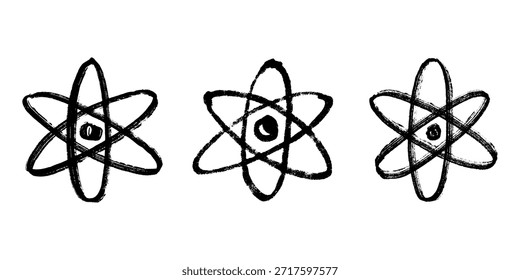 Conjunto de signo de átomo dibujado a mano Molécula Clipart en estilo doodle Símbolo de la ciencia, educación, energía nuclear, investigación científica, química molecular Elemento único para imprimir, Web, diseño