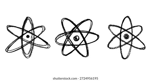 Set of hand drawn atom sign Molecule clipart in doodle style Symbol of science, education, nuclear energy, scientific research, molecular chemistry Single element for print, web, design
